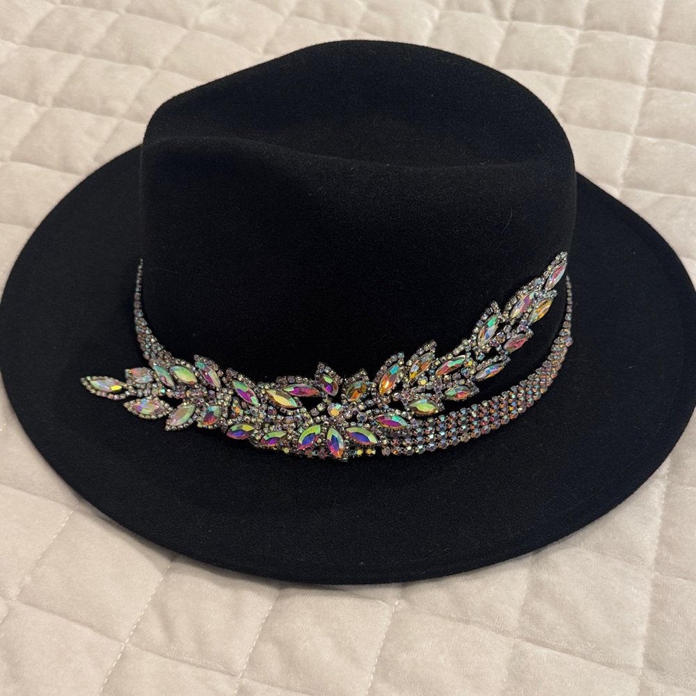 Custom Black Fedora with Rhinestone band Embellishments